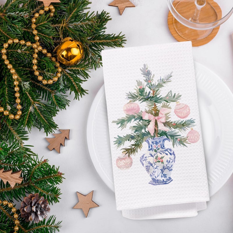 SPBL&L Chinoiserie Christmas Kitchen Towels,Light Blue Bow Coquette Christmas Tree Dish Towels for Kitchen Bathroom, Blue Christmas Hand Towels for Kitchen,Set of 2 Grandmillennial Decor,16x24 Inches - Image 3